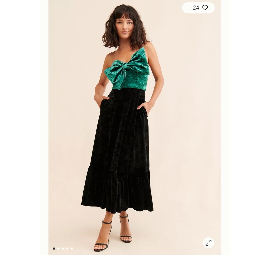 Hutch Anthropologie Velvet Strapless Bow Midi Dress Green Black Holiday Formal